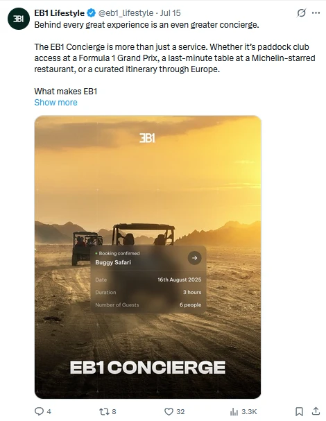 An EB1 Lifestyle post presenting its concierge service, with the original branded visual and engagement shown in the supplied screenshot.